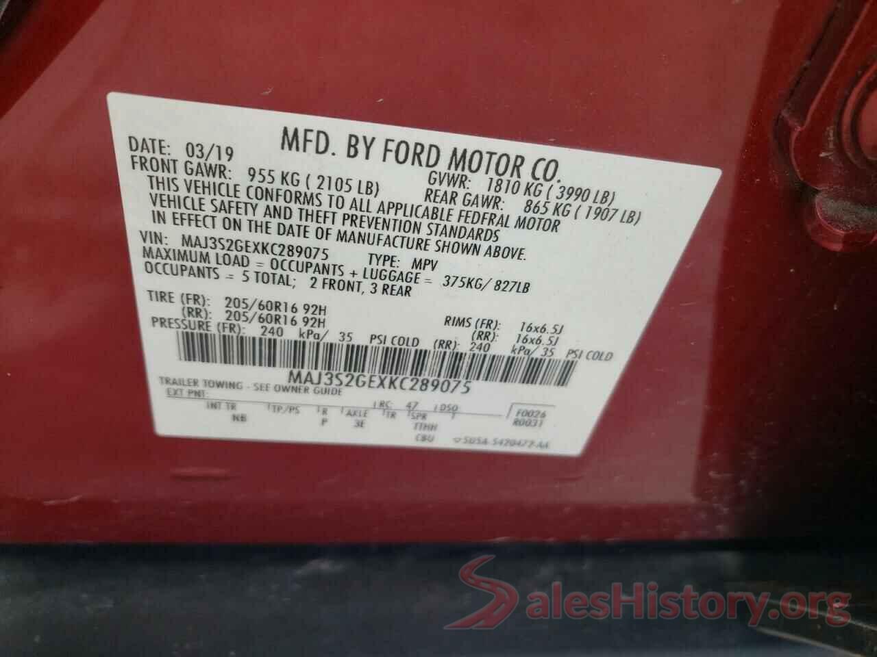 MAJ3S2GEXKC289075 2019 FORD ECOSPORT