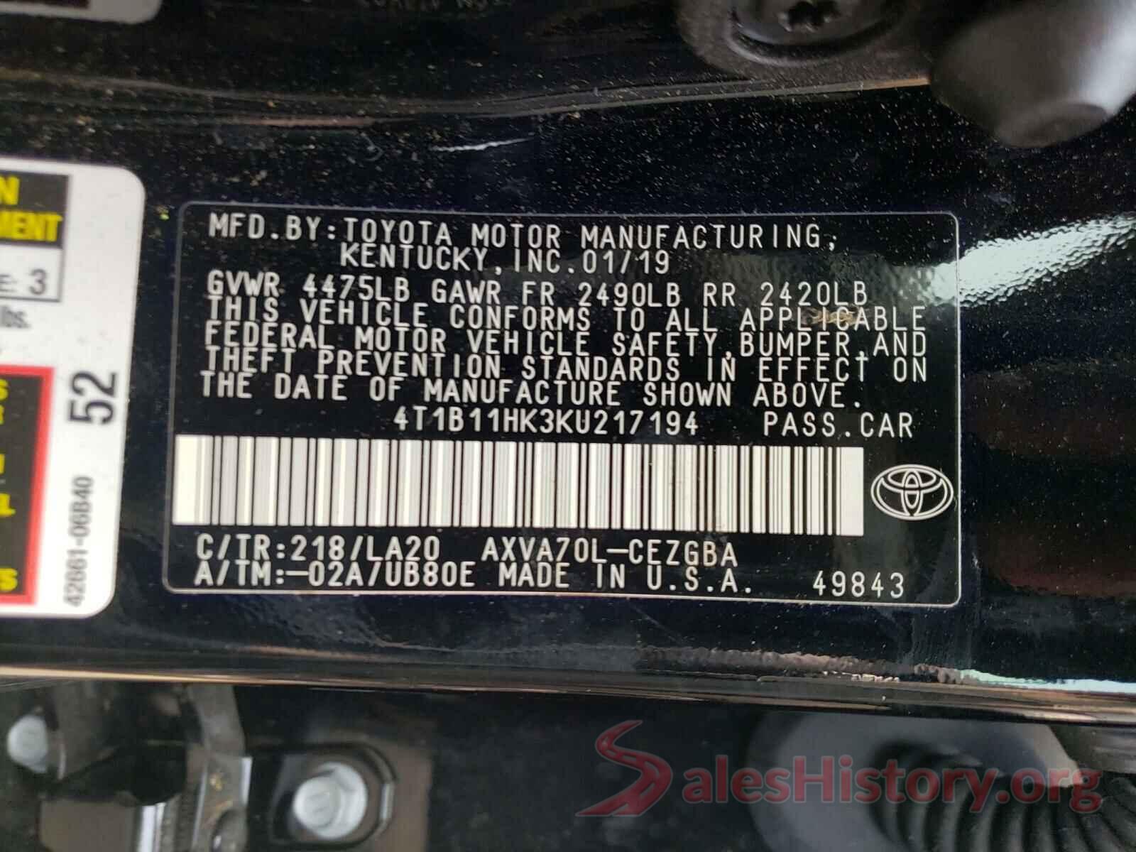 4T1B11HK3KU217194 2019 TOYOTA CAMRY