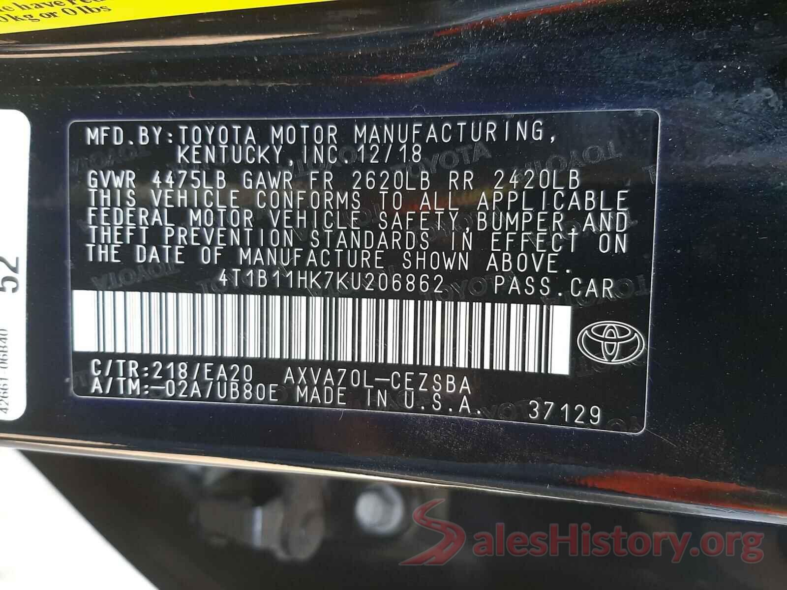 4T1B11HK7KU206862 2019 TOYOTA CAMRY