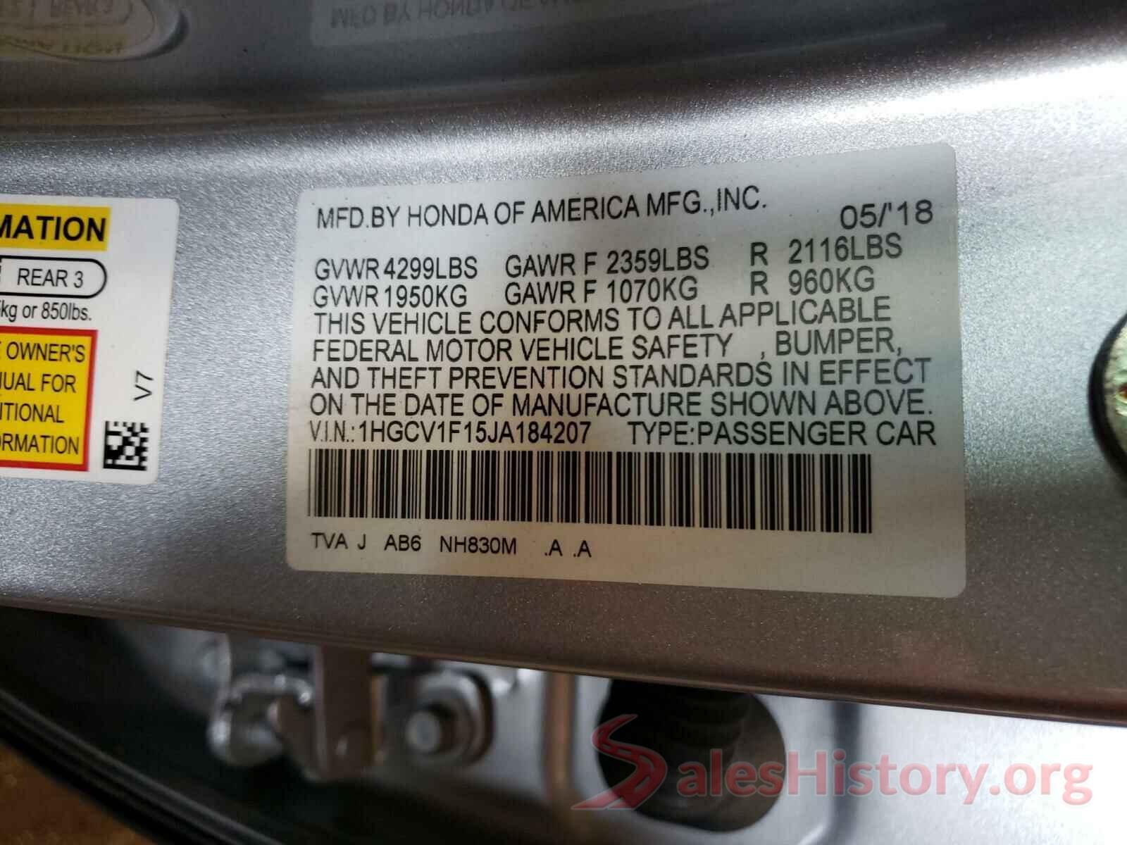 1HGCV1F15JA184207 2018 HONDA ACCORD