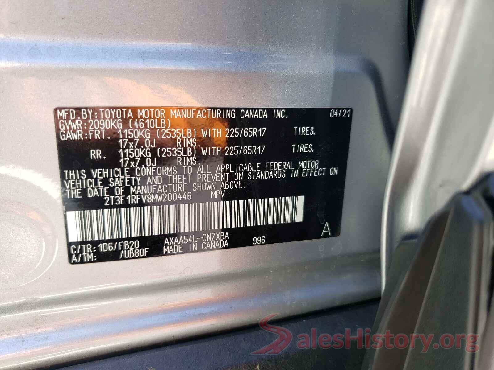 2T3F1RFV8MW200446 2021 TOYOTA RAV4