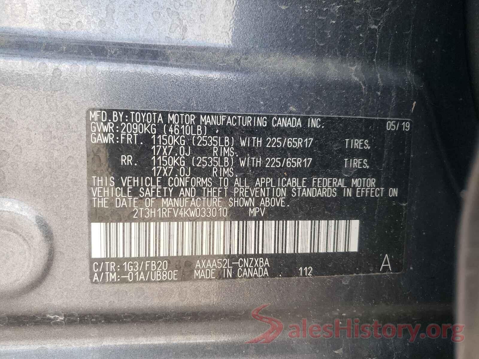 2T3H1RFV4KW033010 2019 TOYOTA RAV4