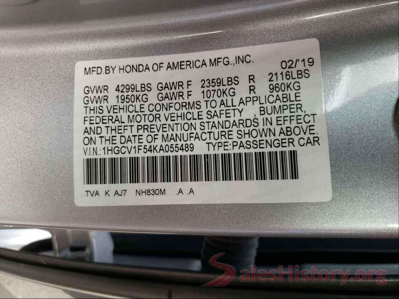 1HGCV1F54KA055489 2019 HONDA ACCORD