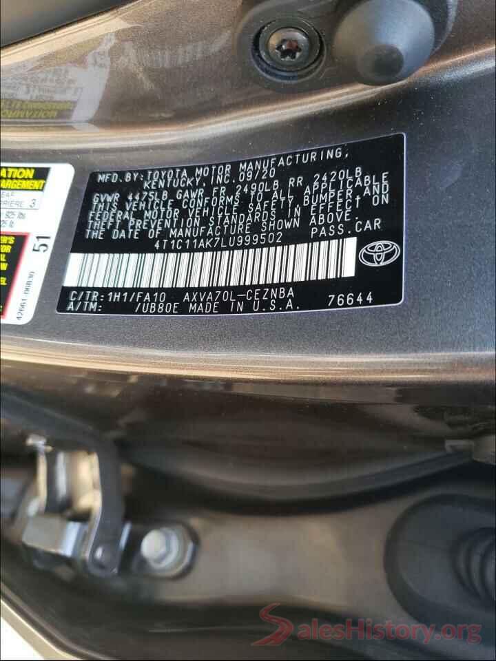 4T1C11AK7LU999502 2020 TOYOTA CAMRY