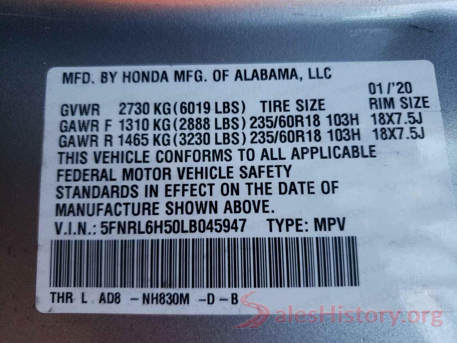 5FNRL6H50LB045947 2020 HONDA ODYSSEY