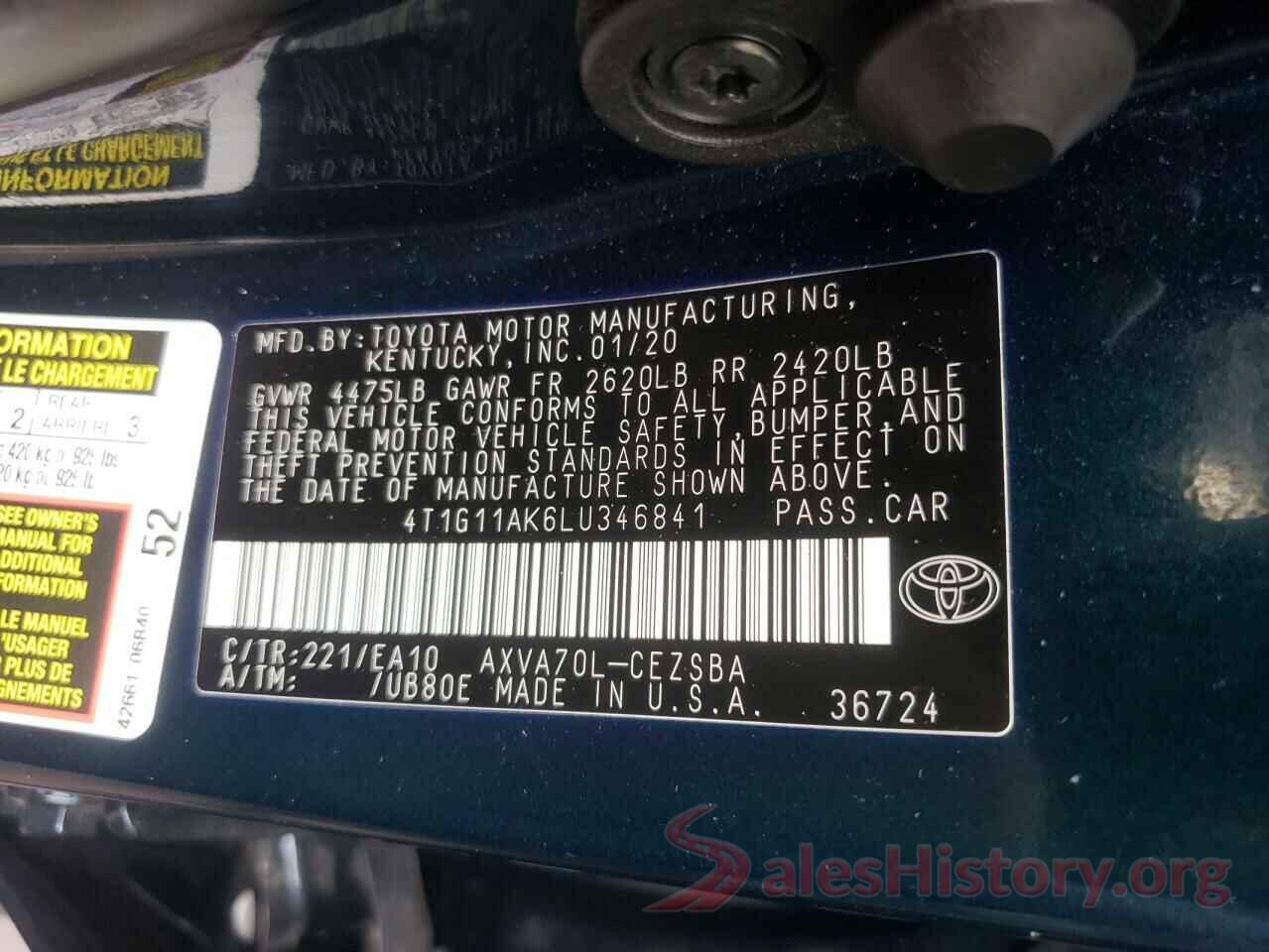 4T1G11AK6LU346841 2020 TOYOTA CAMRY