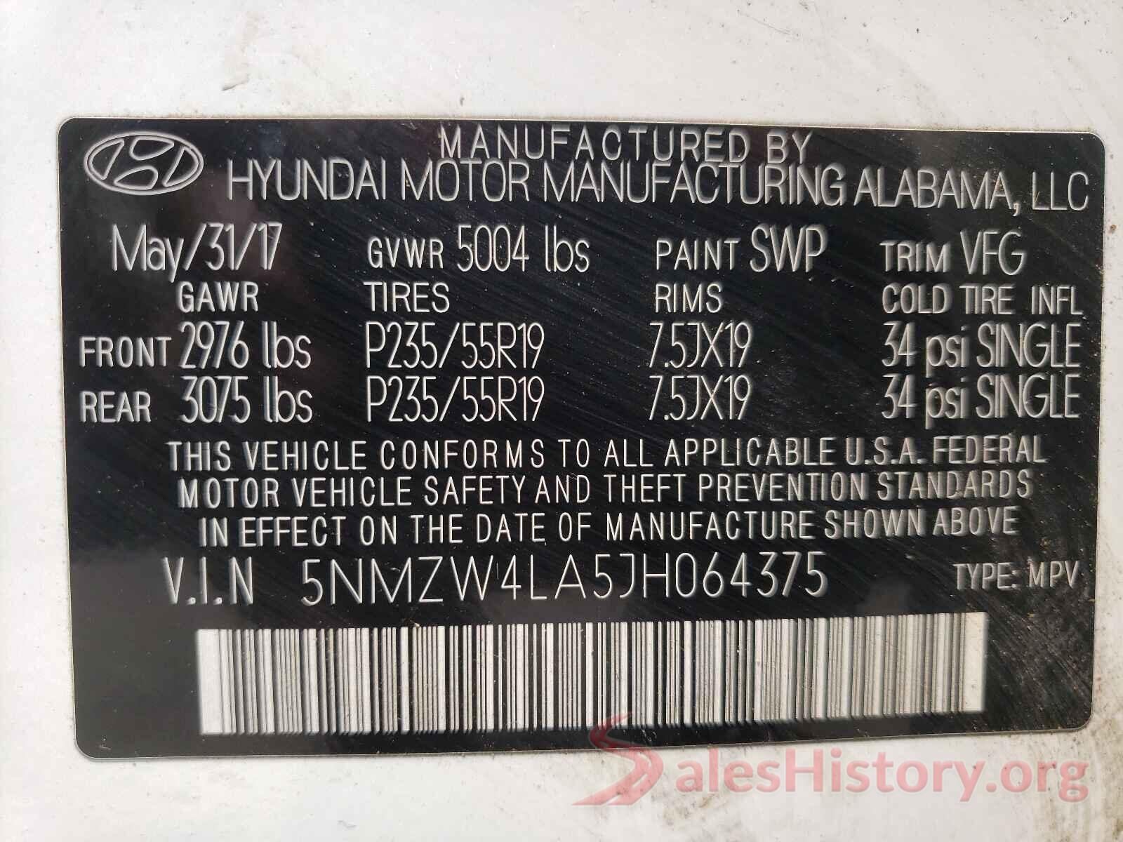 5NMZW4LA5JH064375 2018 HYUNDAI SANTA FE