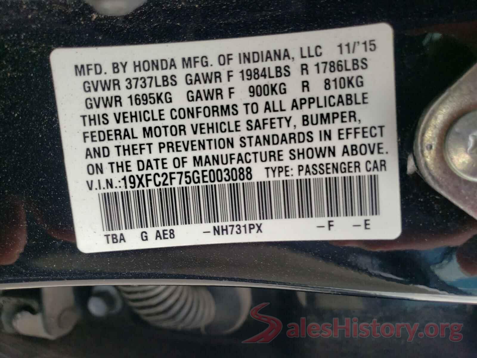 19XFC2F75GE003088 2016 HONDA CIVIC