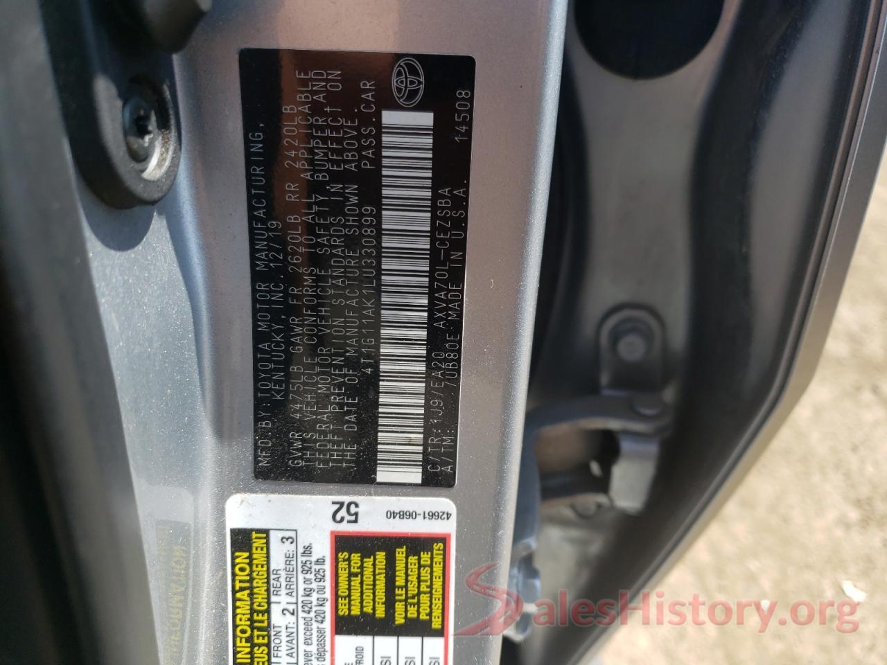 4T1G11AK1LU330899 2020 TOYOTA CAMRY