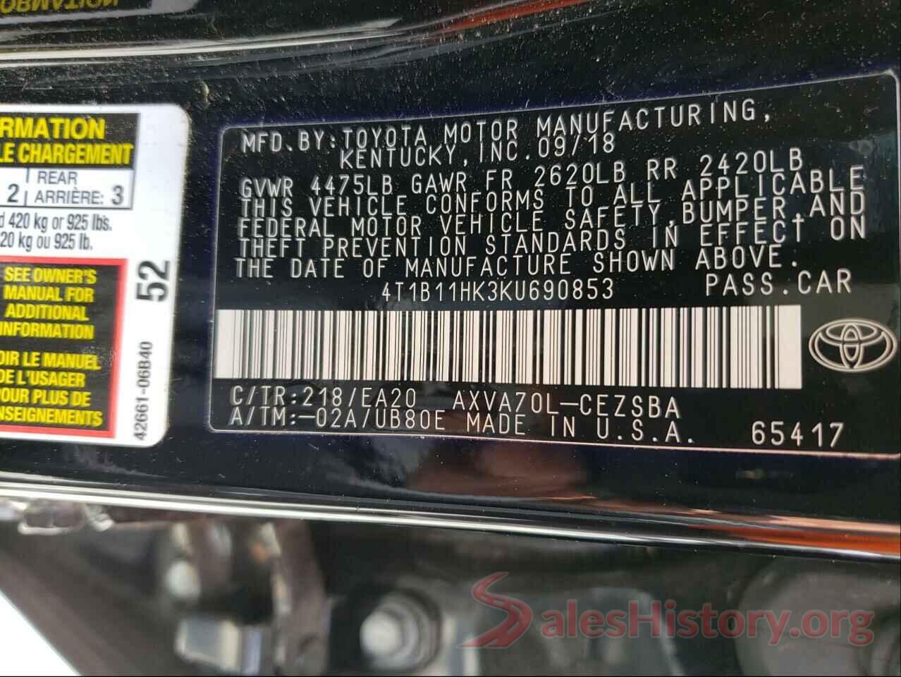 4T1B11HK3KU690853 2019 TOYOTA CAMRY