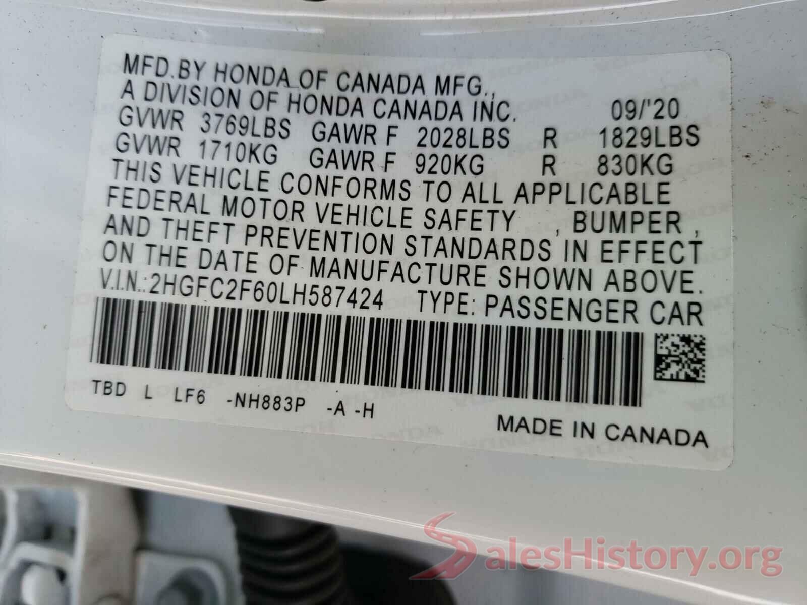 2HGFC2F60LH587424 2020 HONDA CIVIC