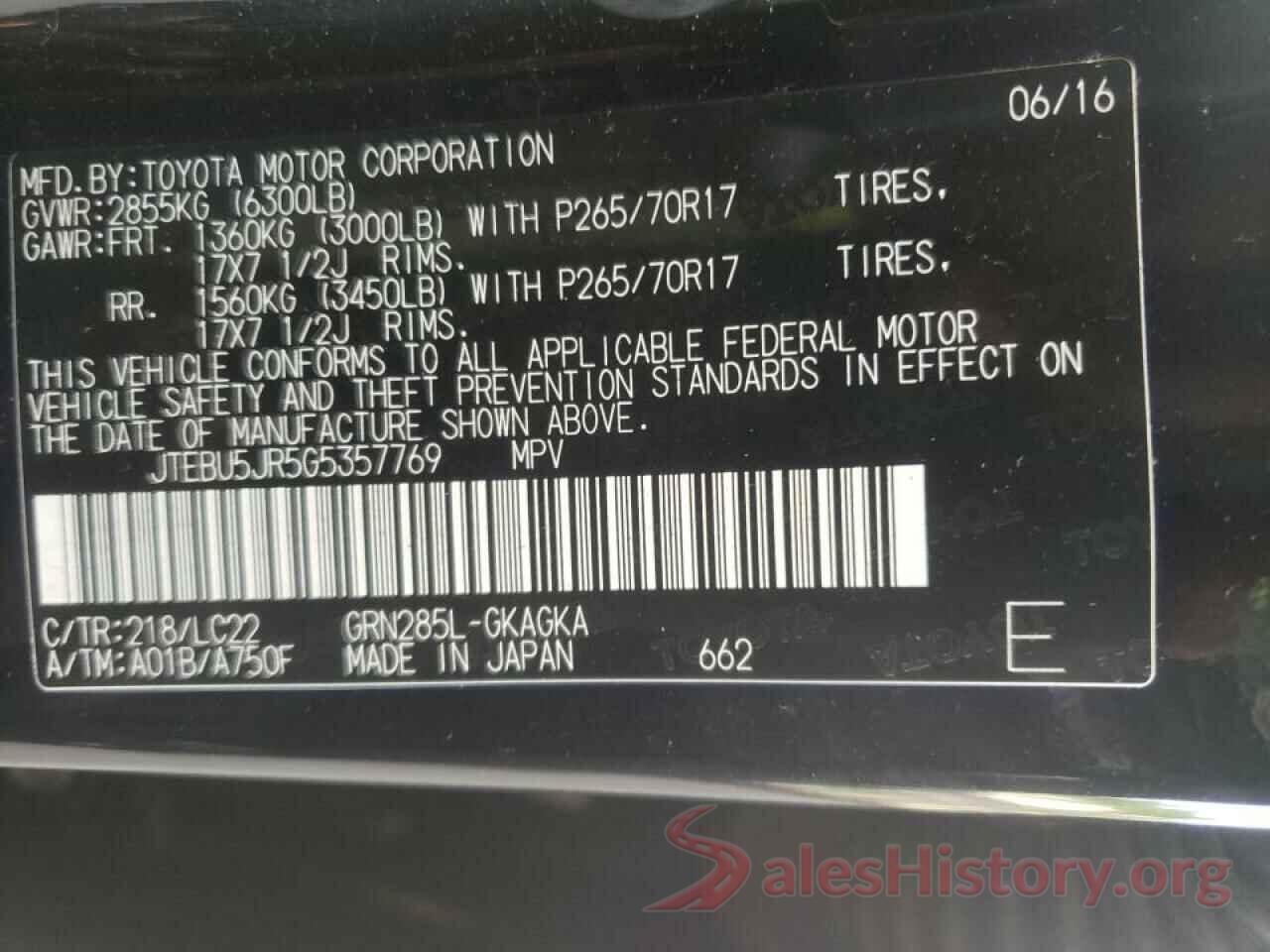 JTEBU5JR5G5357769 2016 TOYOTA 4RUNNER