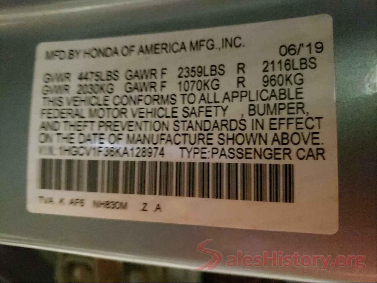 1HGCV1F36KA128974 2019 HONDA ACCORD