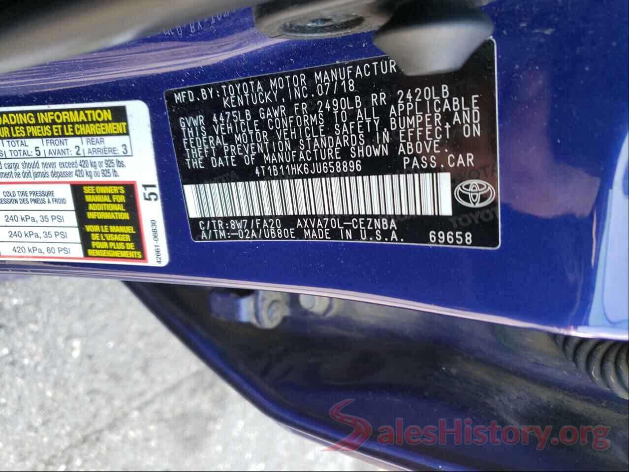 4T1B11HK6JU658896 2018 TOYOTA CAMRY