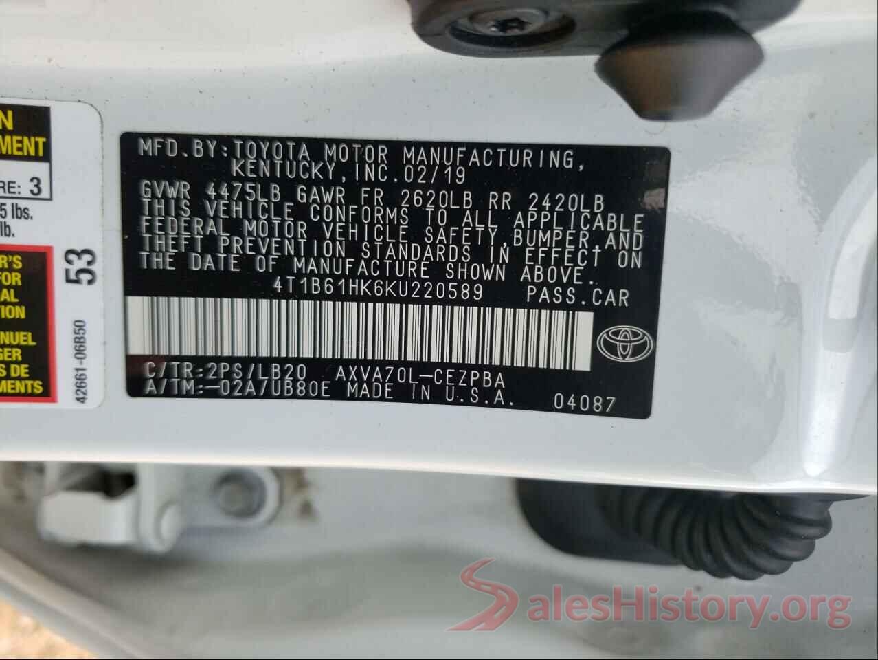 4T1B61HK6KU220589 2019 TOYOTA CAMRY