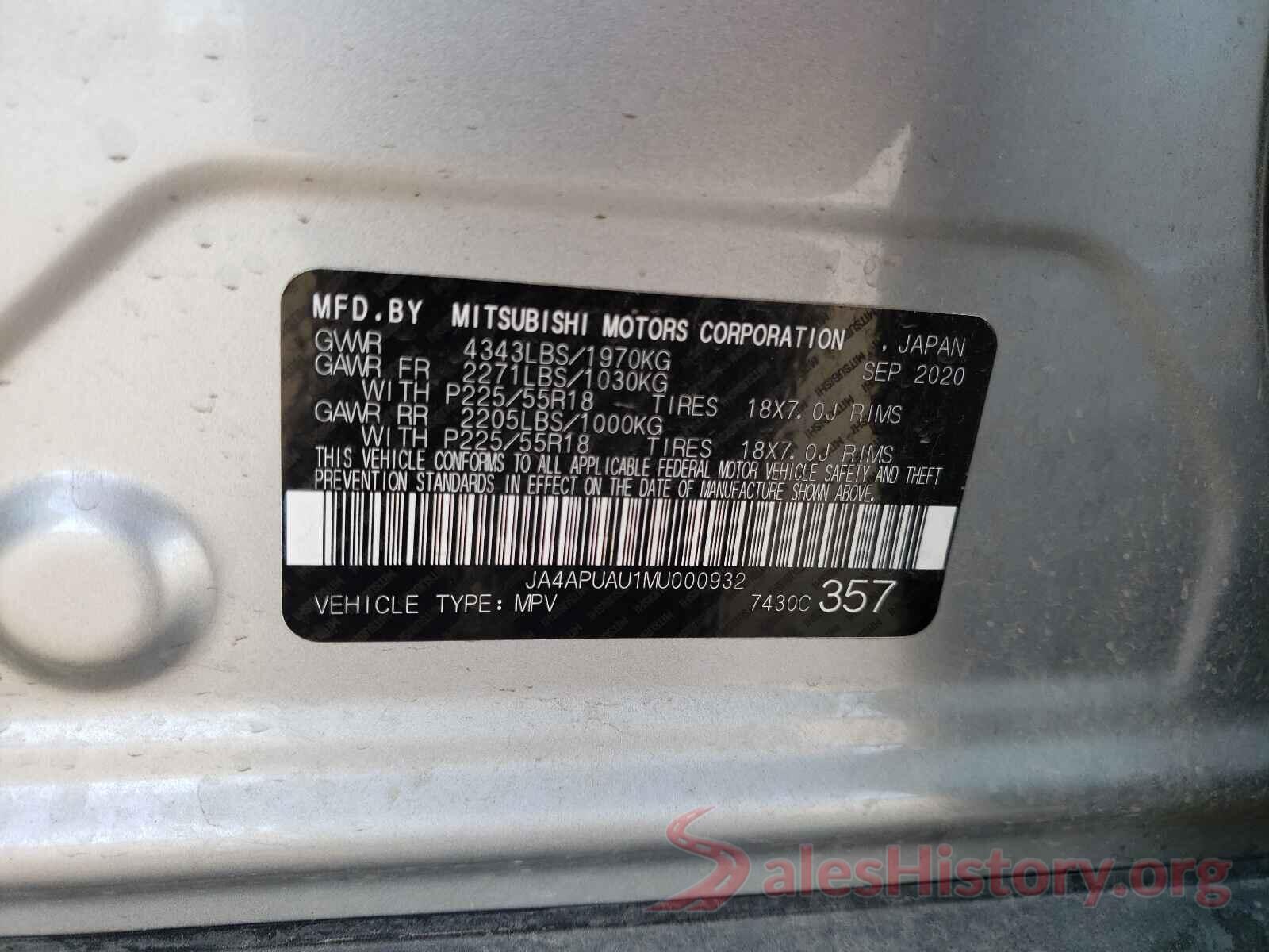 JA4APUAU1MU000932 2021 MITSUBISHI OUTLANDER