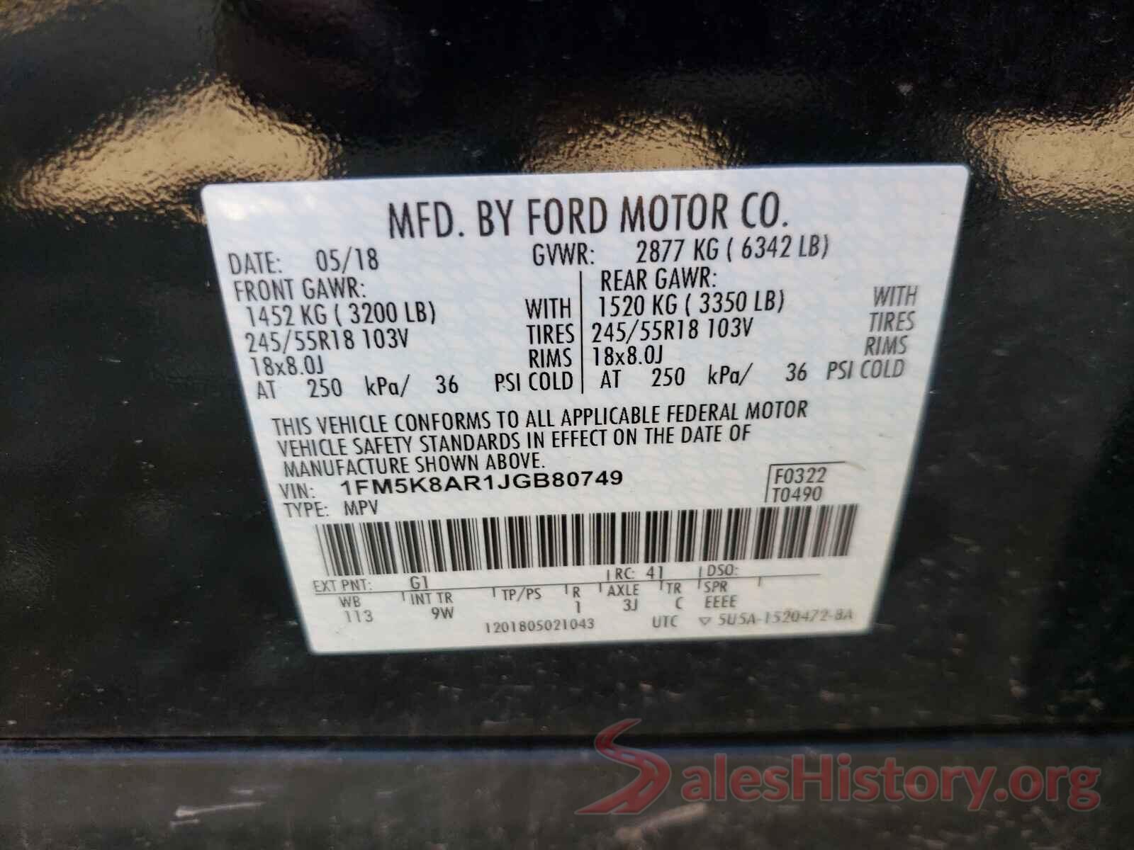 1FM5K8AR1JGB80749 2018 FORD EXPLORER