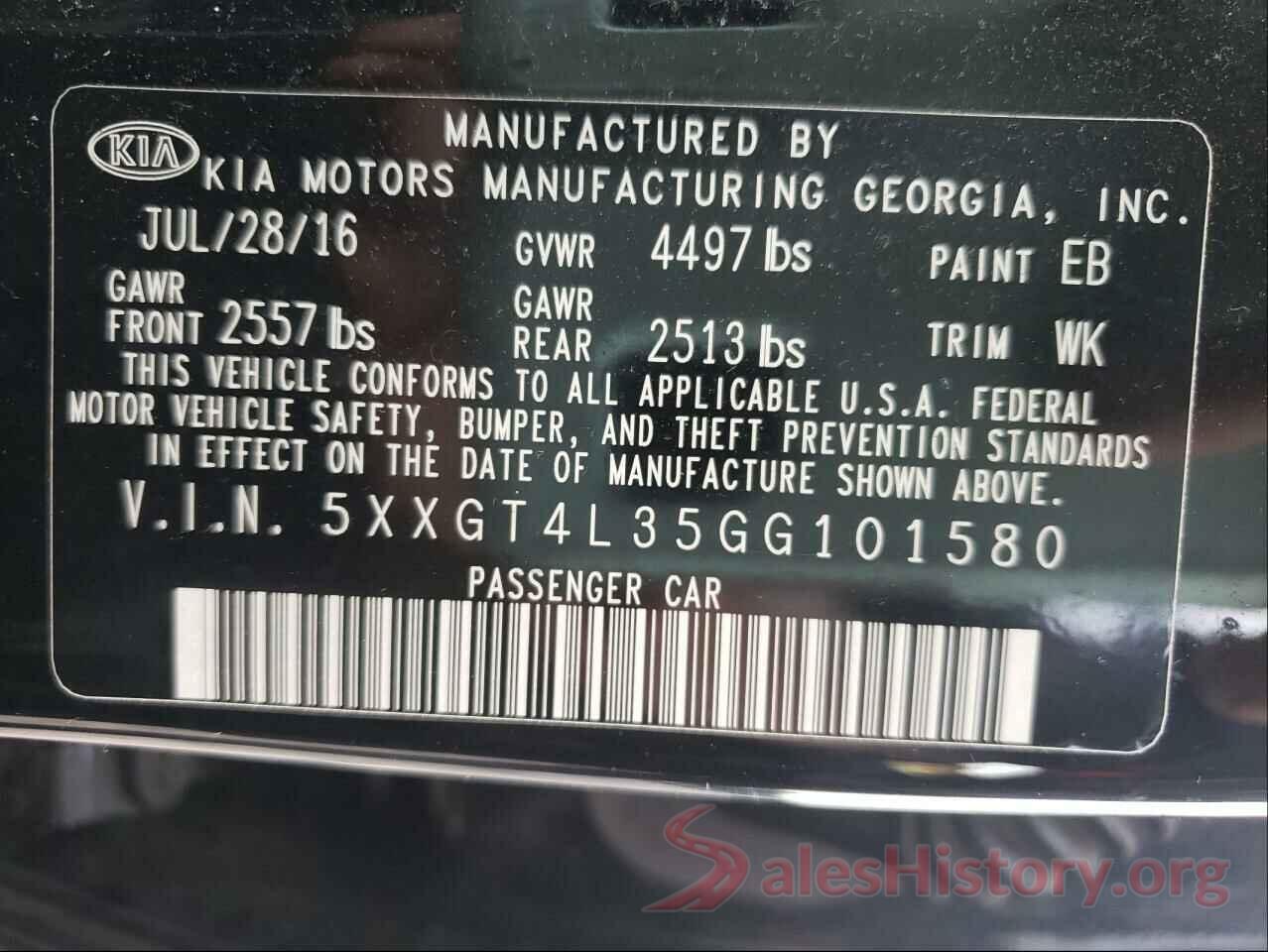 5XXGT4L35GG101580 2016 KIA OPTIMA