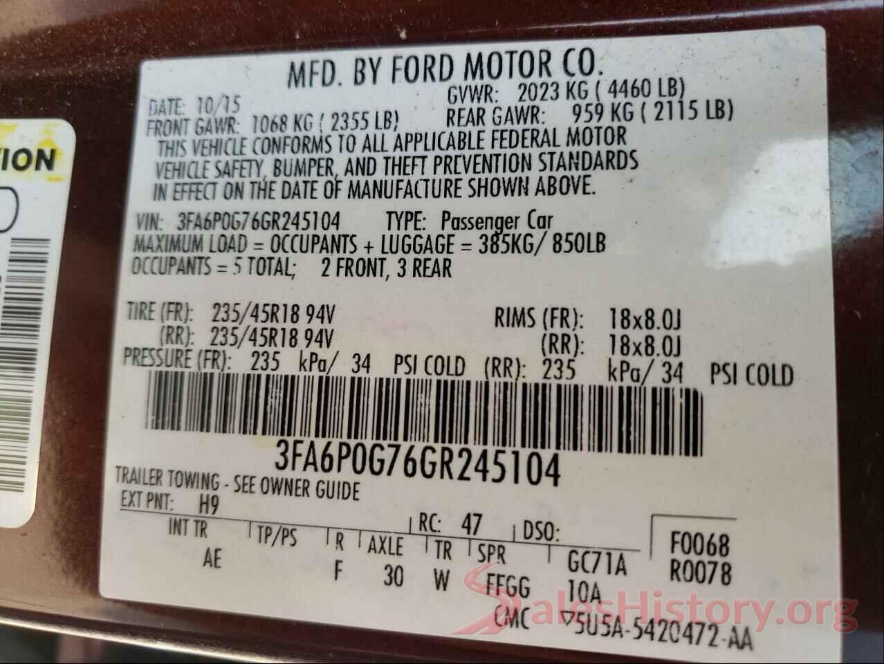 3FA6P0G76GR245104 2016 FORD FUSION