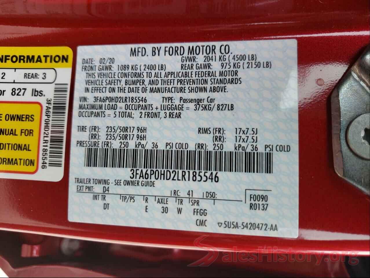 3FA6P0HD2LR185546 2020 FORD FUSION