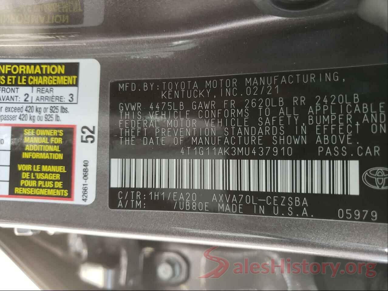 4T1G11AK3MU437910 2021 TOYOTA CAMRY