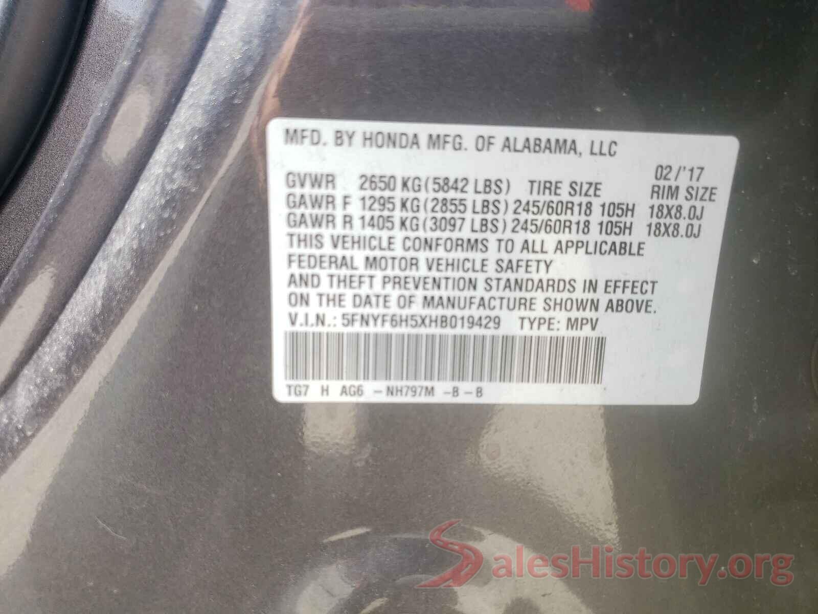 5FNYF6H5XHB019429 2017 HONDA PILOT