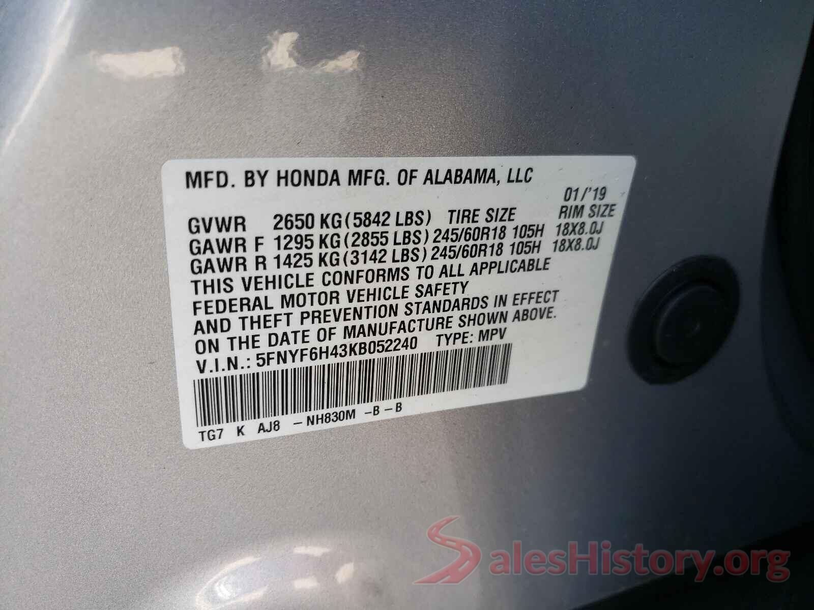 5FNYF6H43KB052240 2019 HONDA PILOT