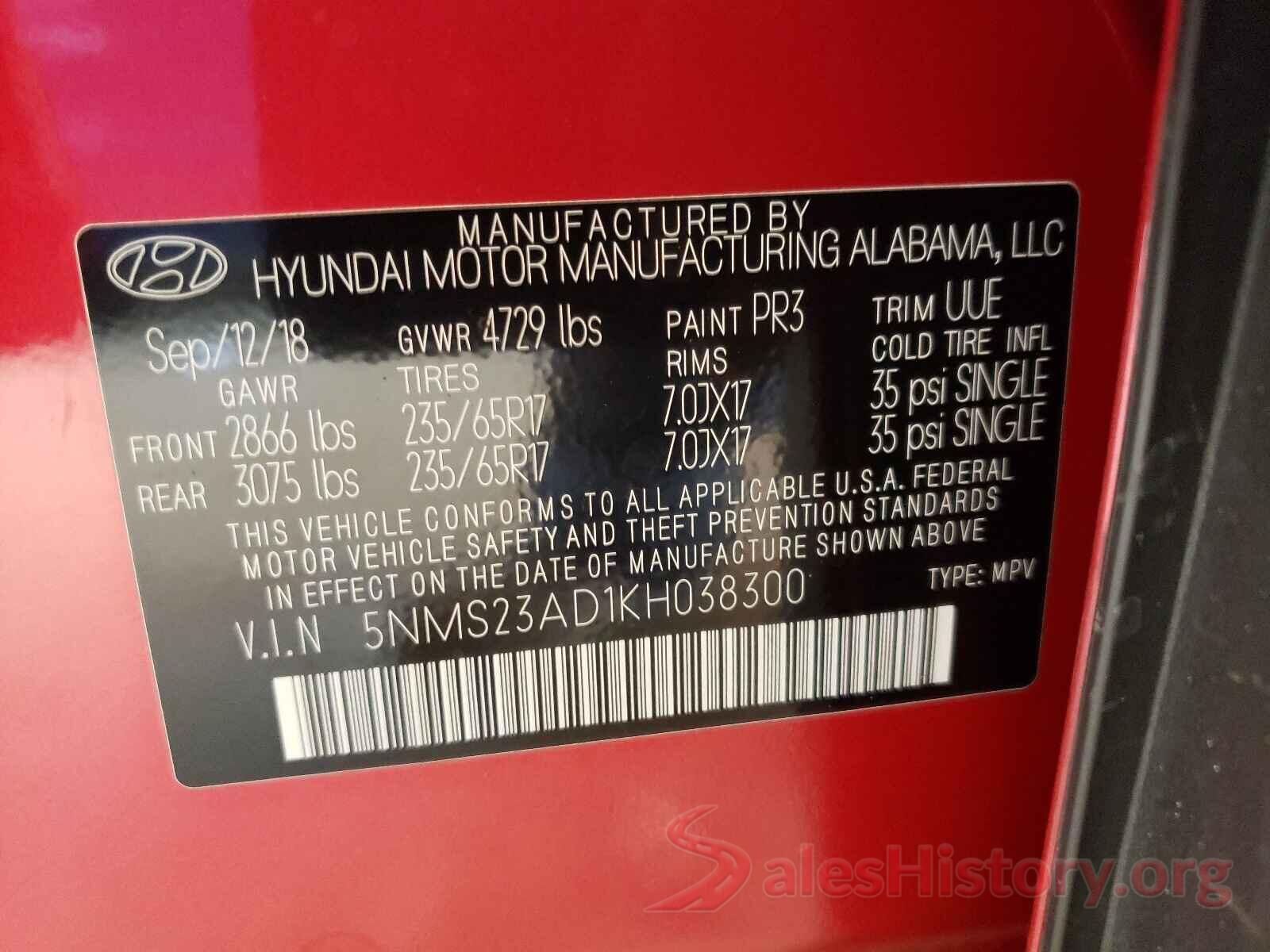 5NMS23AD1KH038300 2019 HYUNDAI SANTA FE