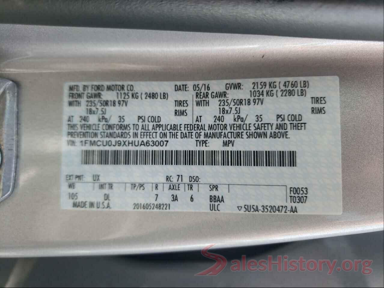 1FMCU0J9XHUA63007 2017 FORD ESCAPE