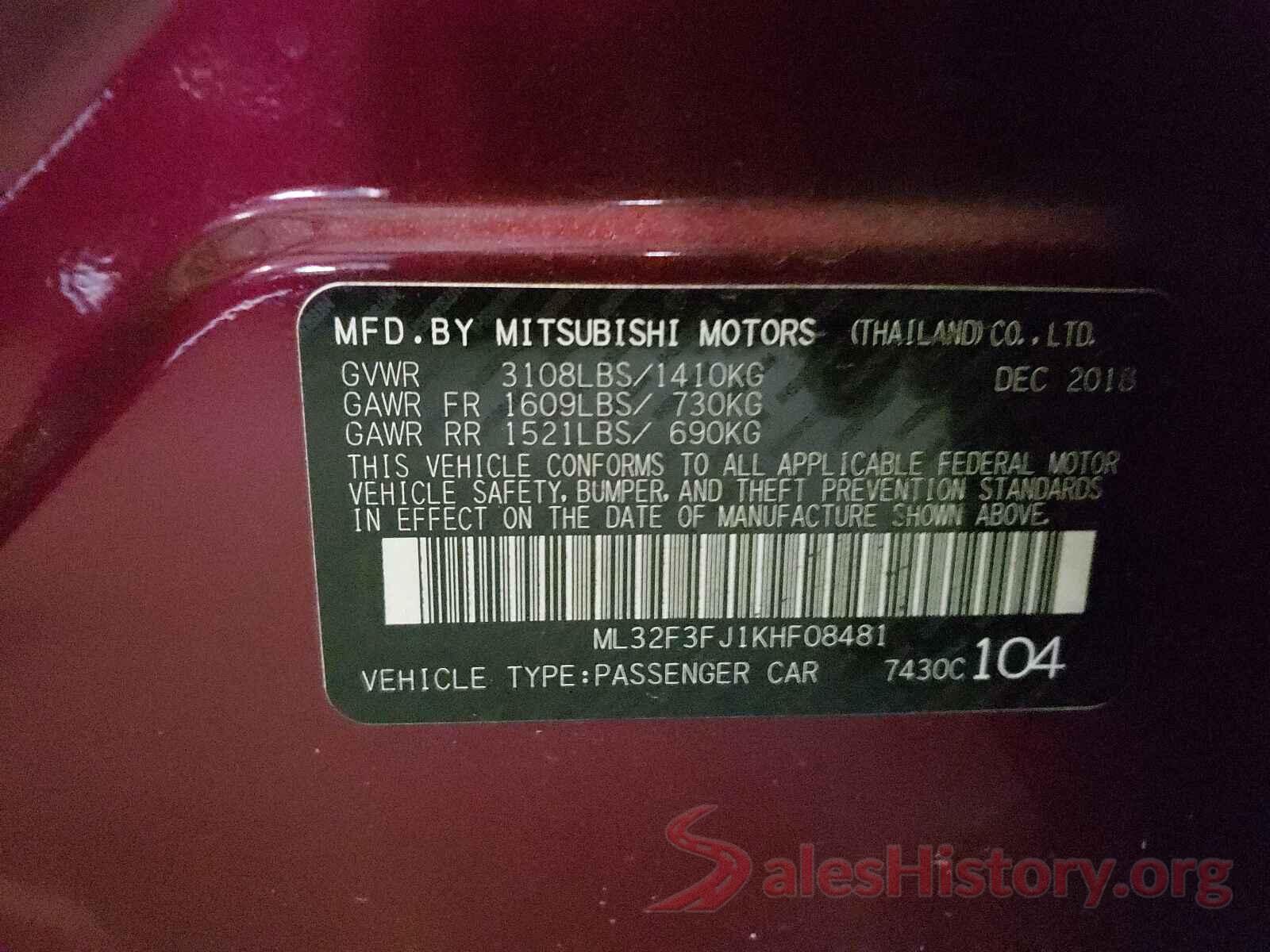 ML32F3FJ1KHF08481 2019 MITSUBISHI MIRAGE