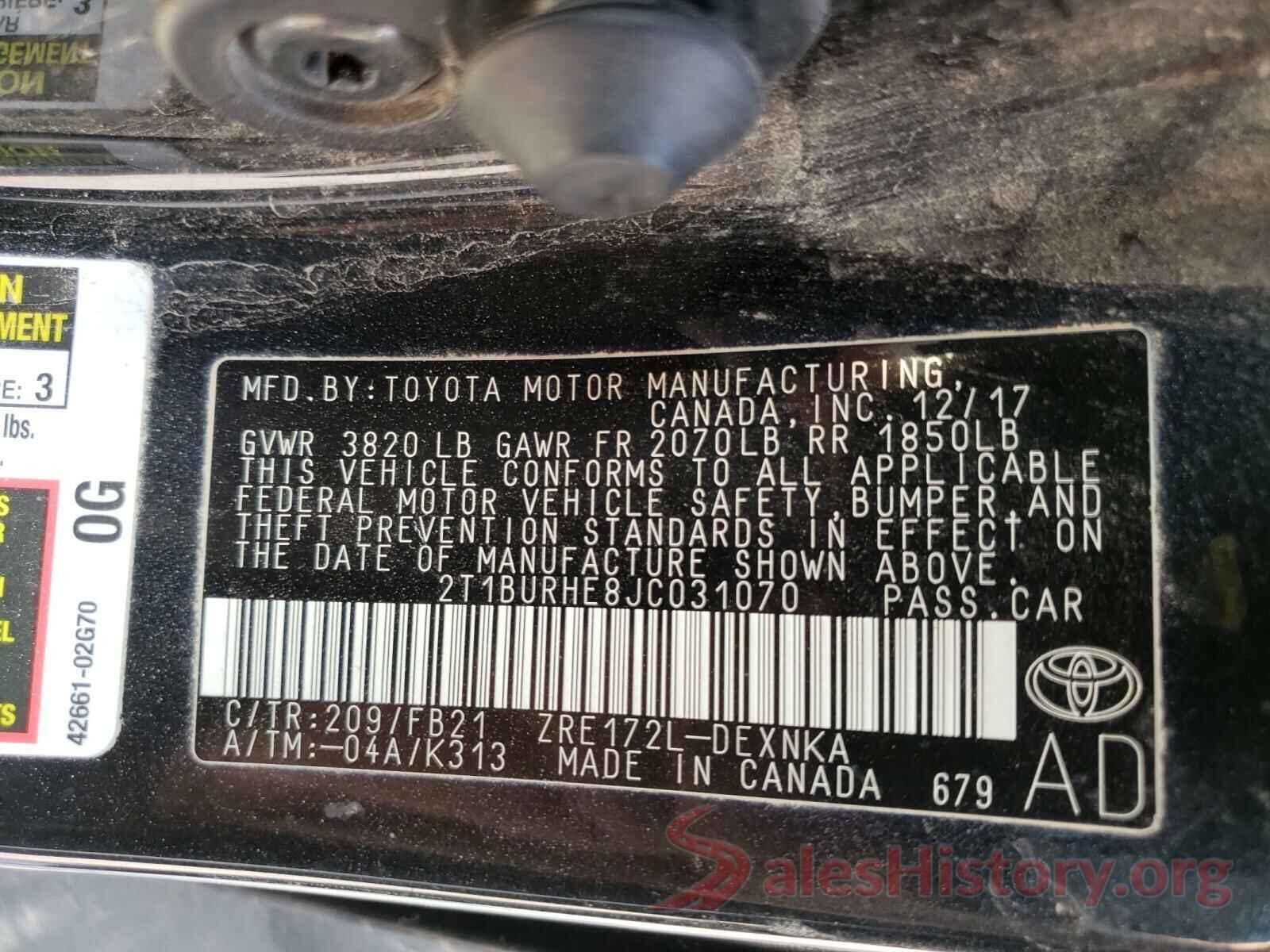 2T1BURHE8JC031070 2018 TOYOTA COROLLA