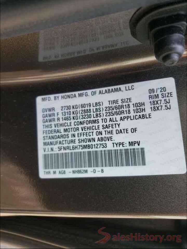 5FNRL6H75MB012753 2021 HONDA ODYSSEY