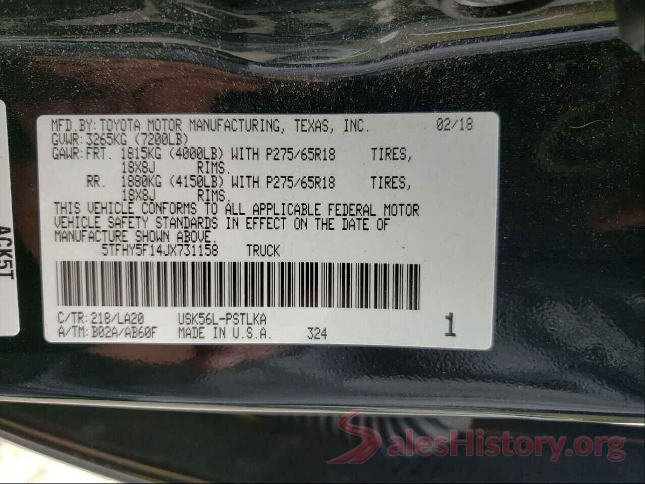 5TFHY5F14JX731158 2018 TOYOTA TUNDRA