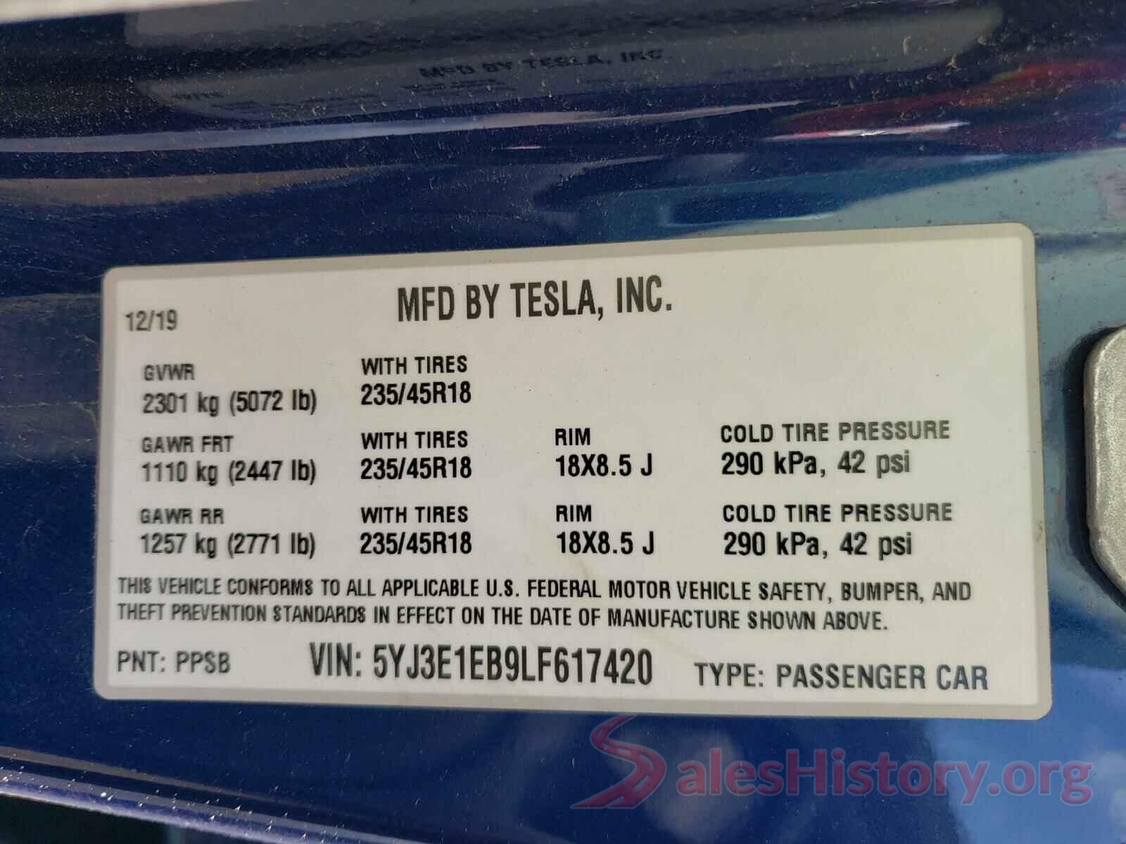 5YJ3E1EB9LF617420 2020 TESLA MODEL 3