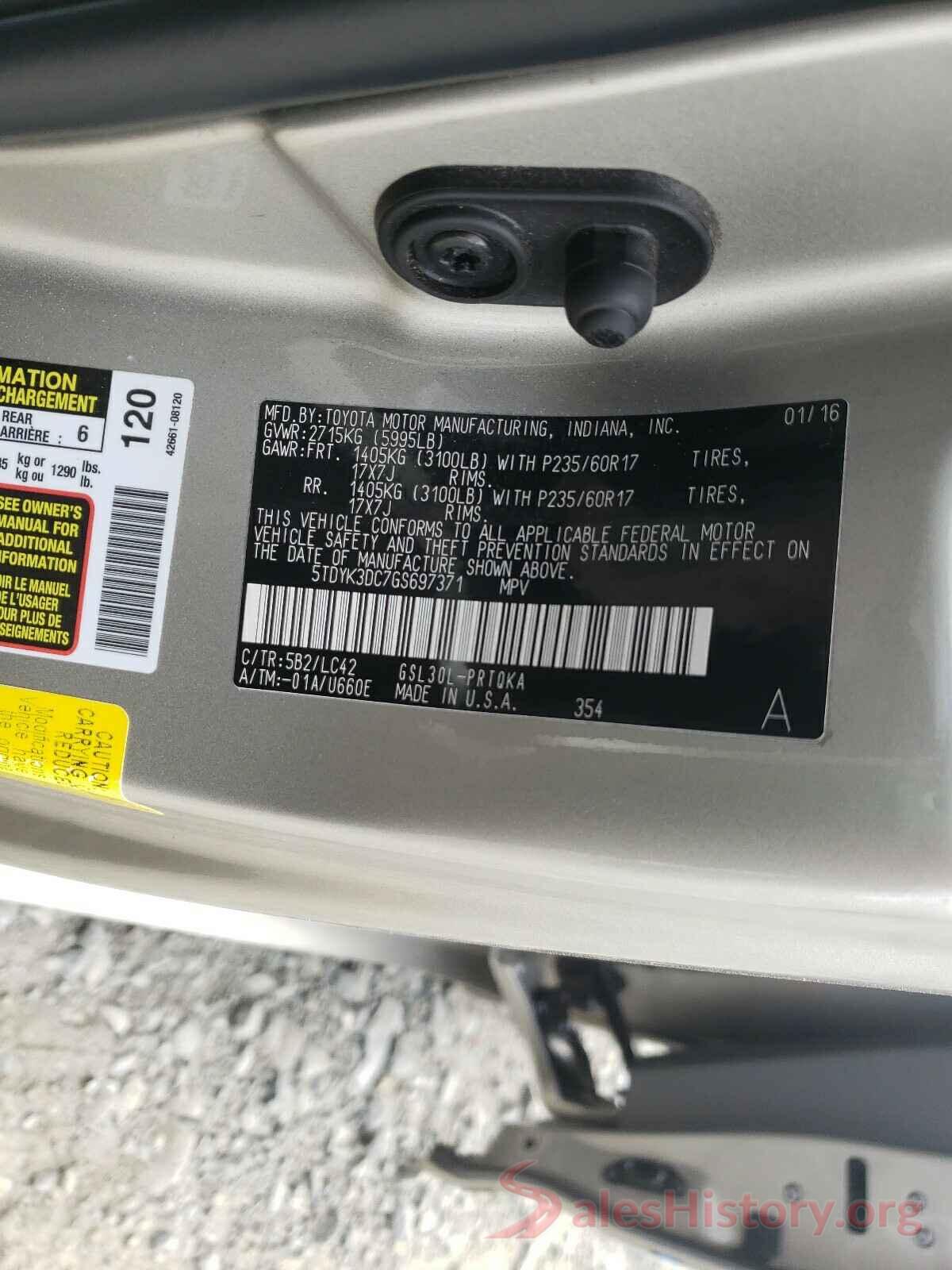 5TDYK3DC7GS697371 2016 TOYOTA SIENNA