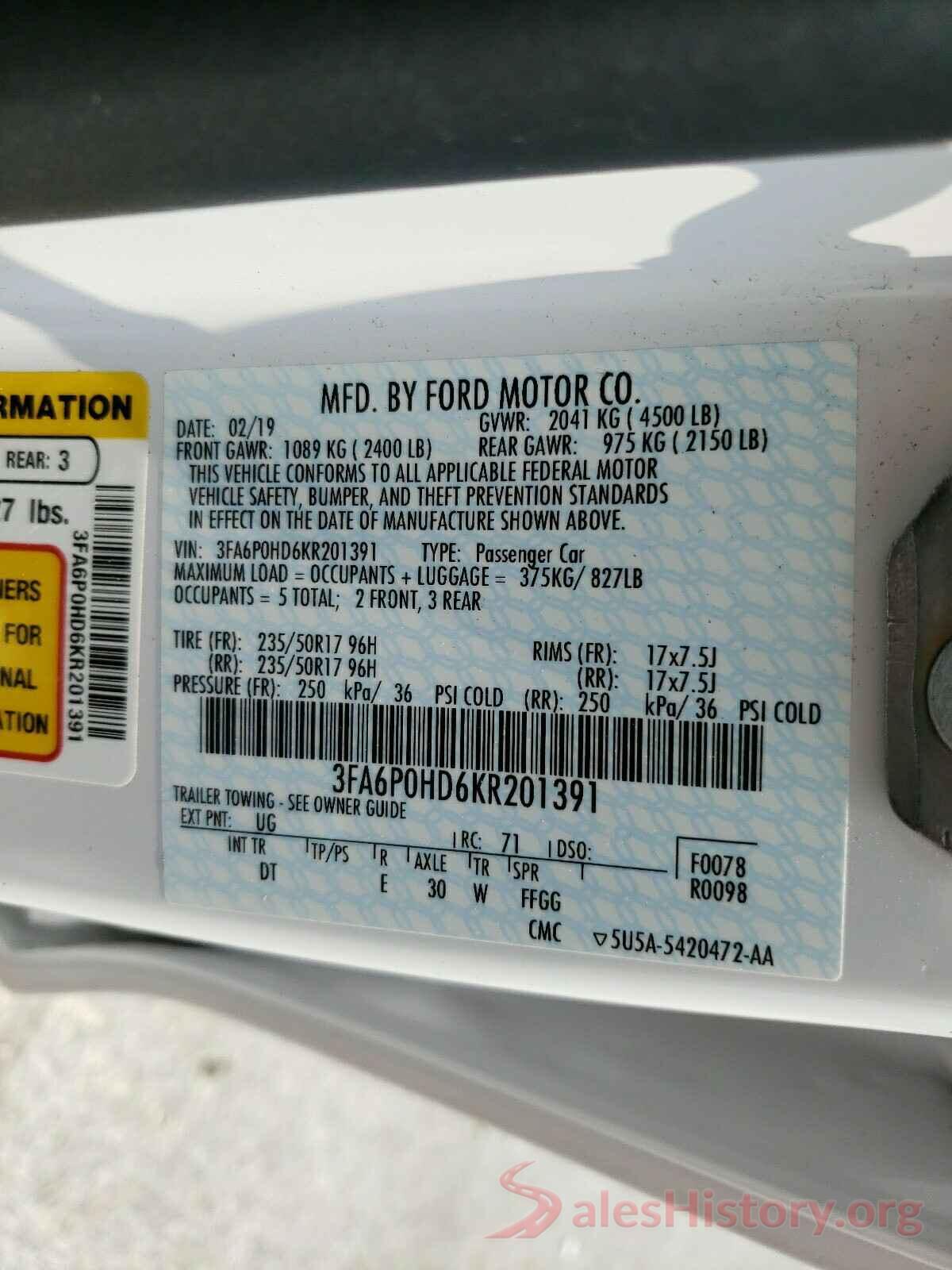 3FA6P0HD6KR201391 2019 FORD FUSION