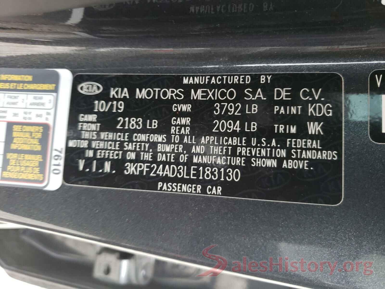 3KPF24AD3LE183130 2020 KIA FORTE