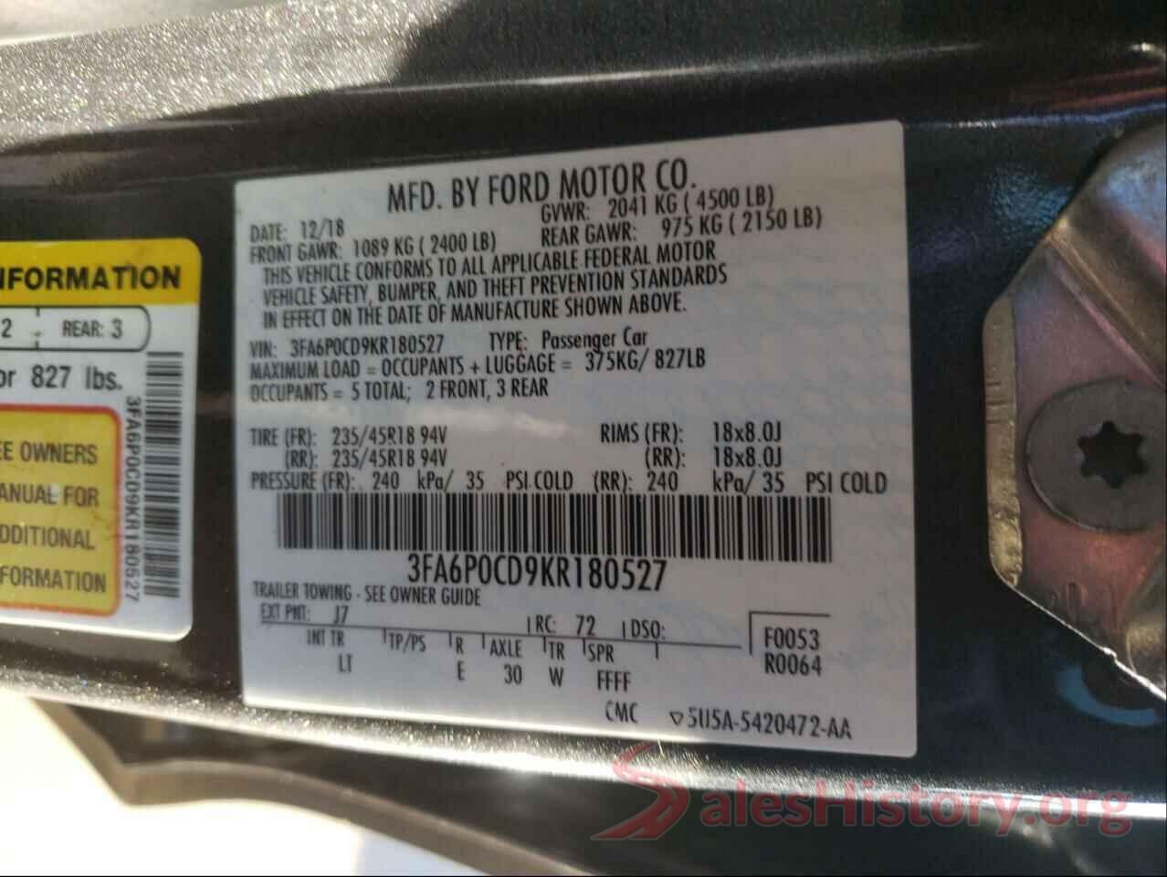 3FA6P0CD9KR180527 2019 FORD FUSION