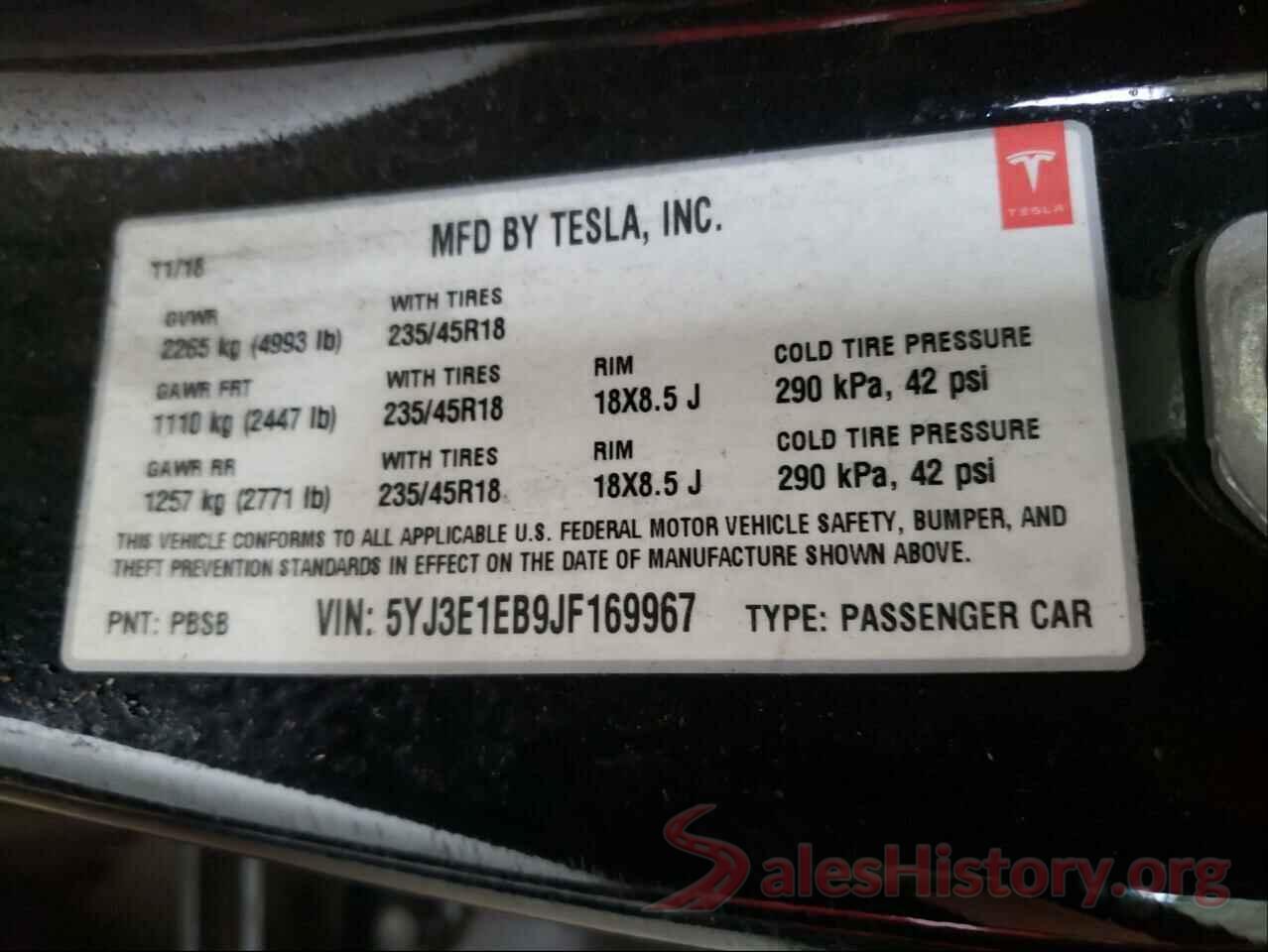 5YJ3E1EB9JF169967 2018 TESLA MODEL 3