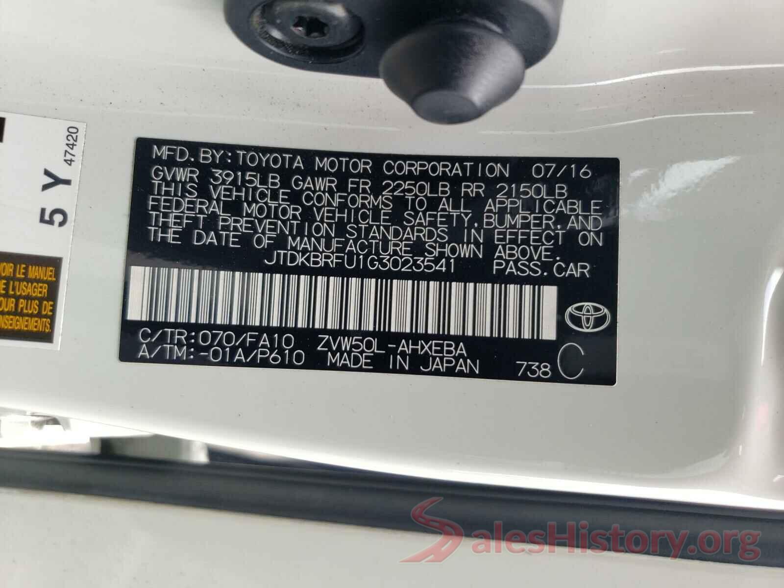 JTDKBRFU1G3023541 2016 TOYOTA PRIUS