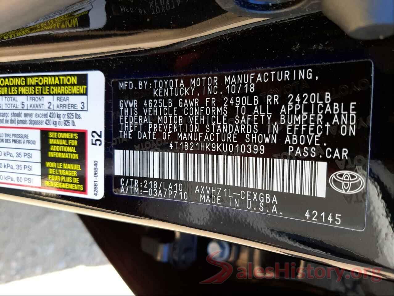 4T1B21HK9KU010399 2019 TOYOTA CAMRY