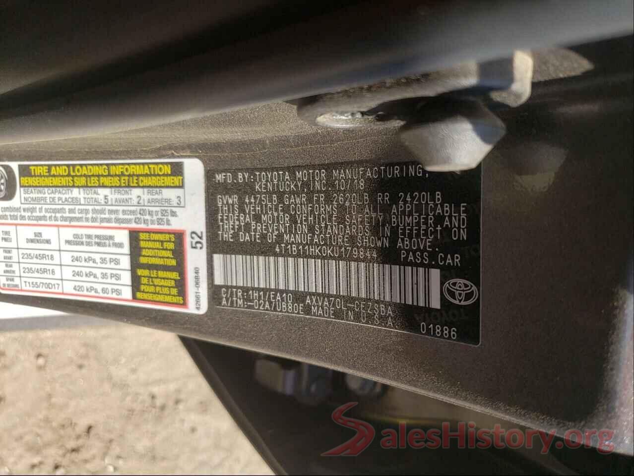 4T1B11HK0KU179844 2019 TOYOTA CAMRY