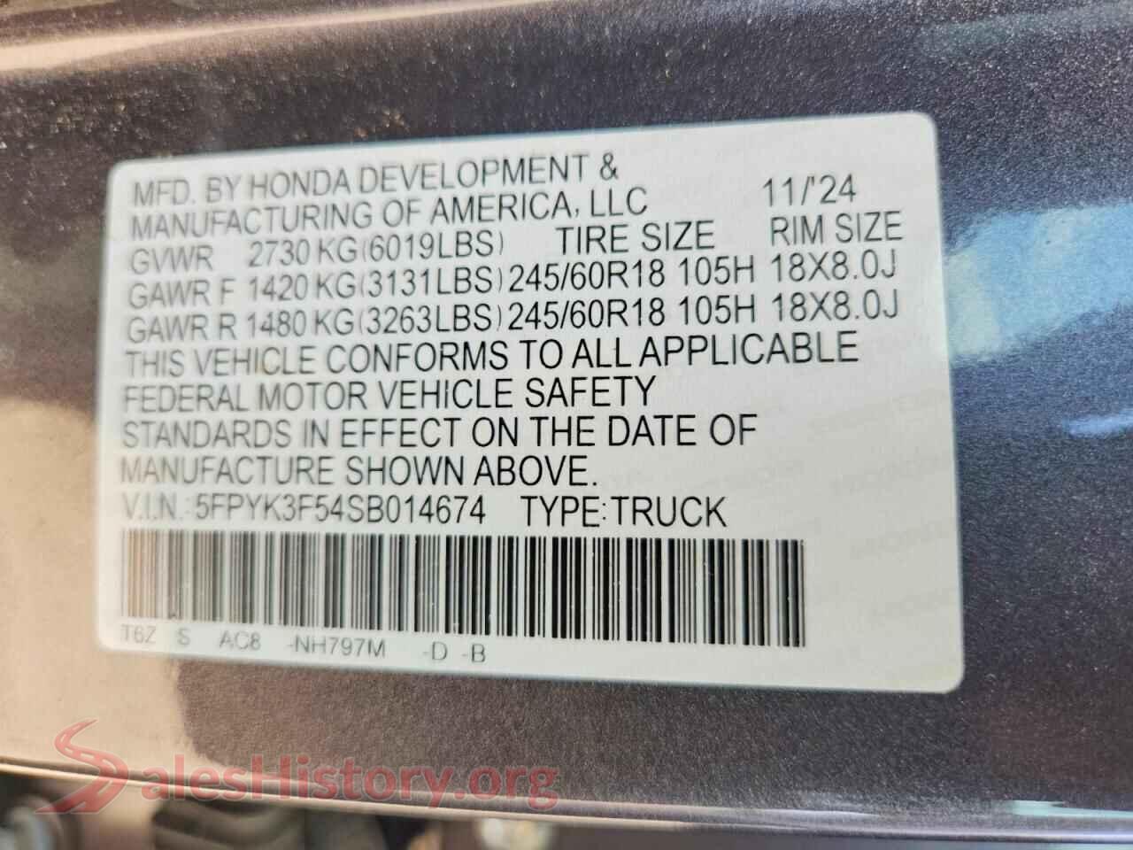 2025 HONDA RIDGELINE VIN 5FPYK3F54SB014674, wheel and tire