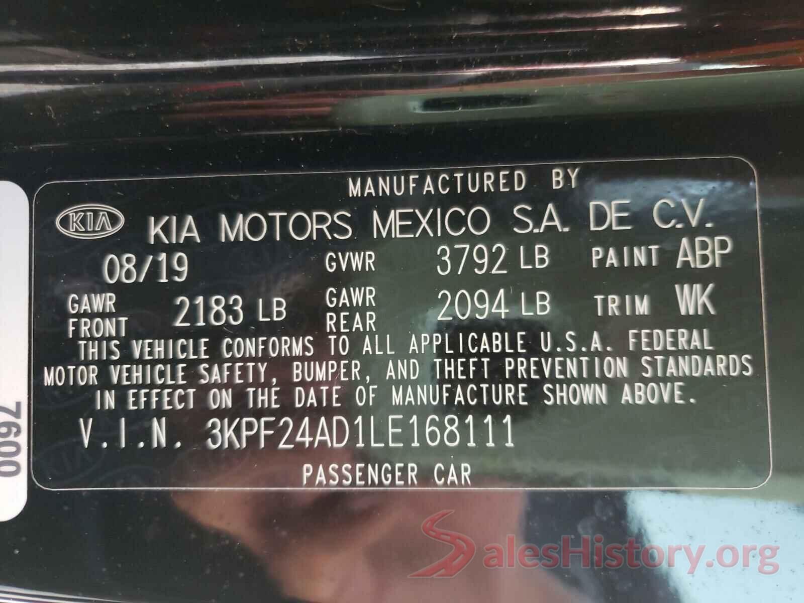 3KPF24AD1LE168111 2020 KIA FORTE