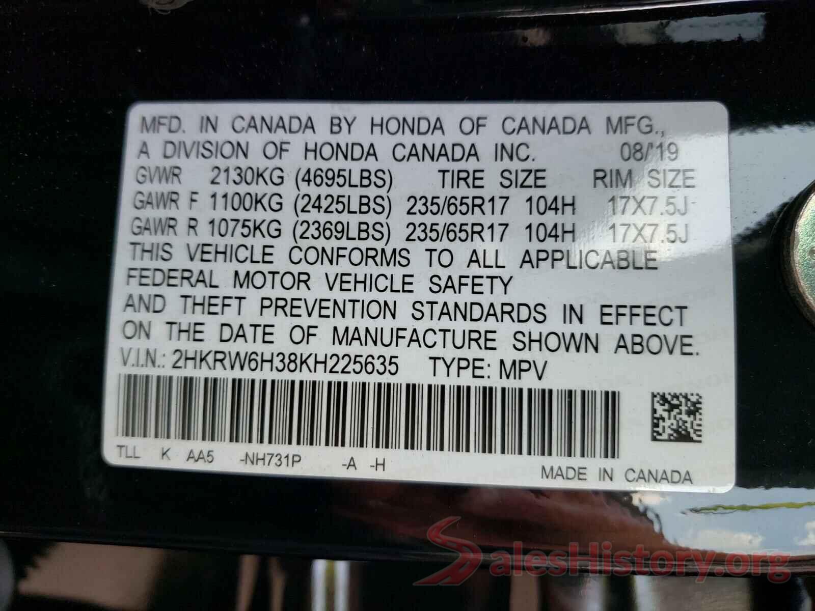 2HKRW6H38KH225635 2019 HONDA CRV