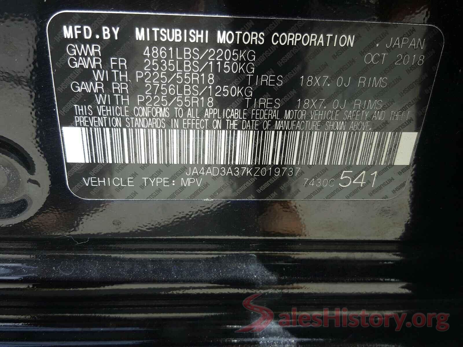 JA4AD3A37KZ019737 2019 MITSUBISHI OUTLANDER