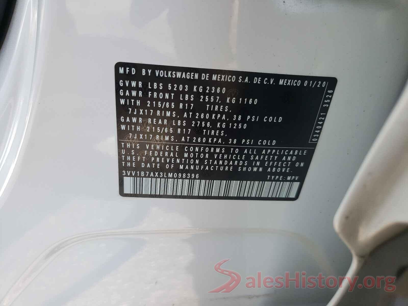 3VV1B7AX3LM098396 2020 VOLKSWAGEN TIGUAN