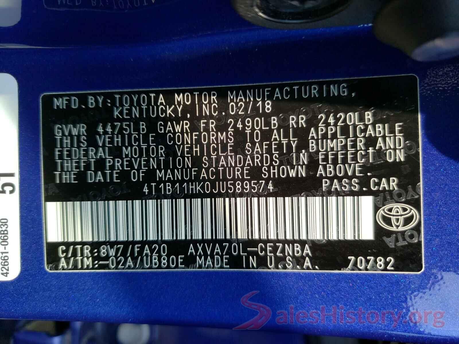 4T1B11HK0JU589574 2018 TOYOTA CAMRY