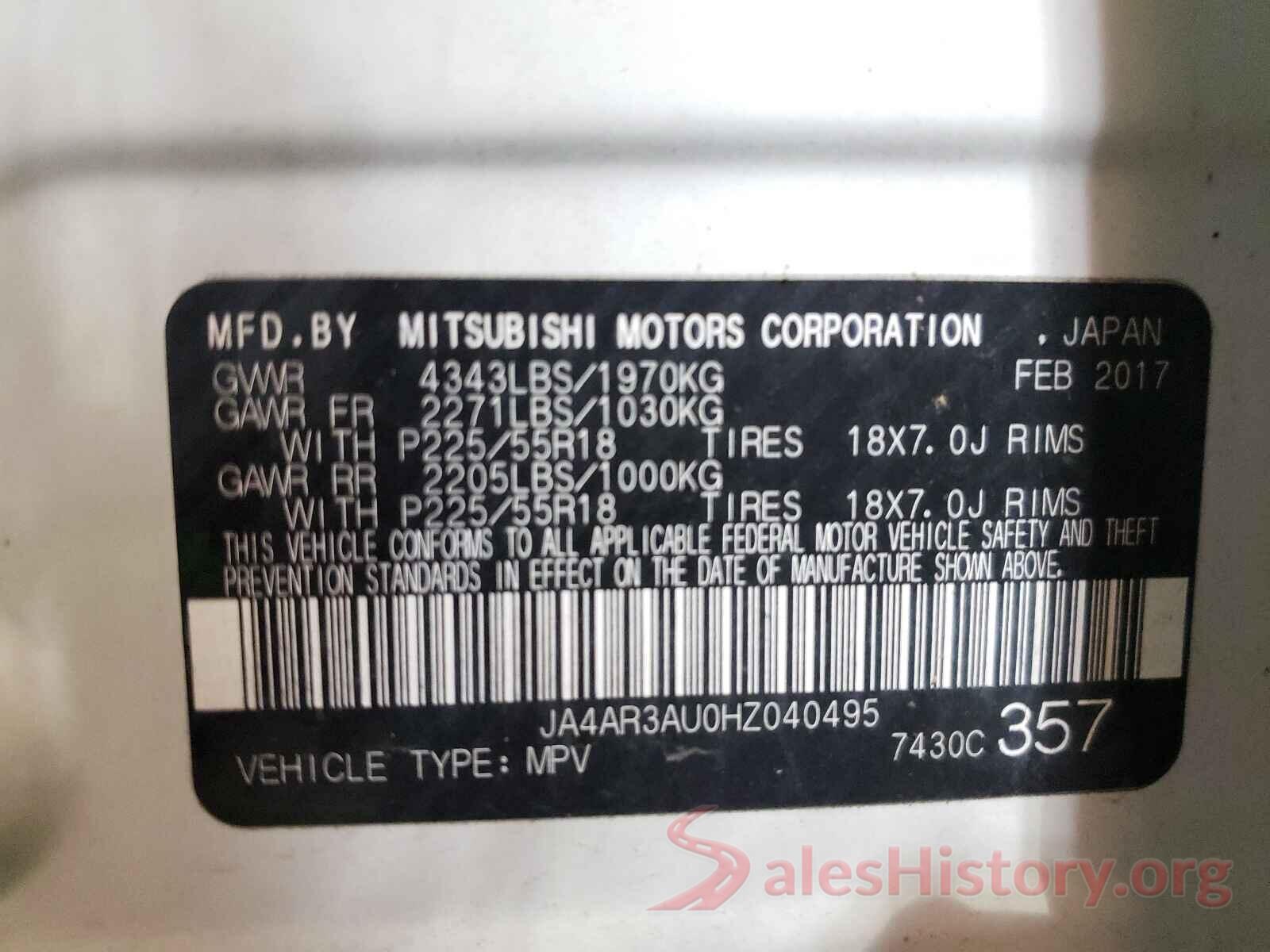 JA4AR3AU0HZ040495 2017 MITSUBISHI OUTLANDER