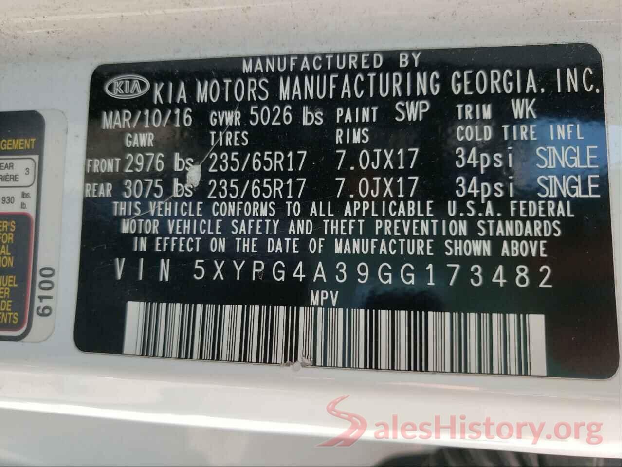 5XYPG4A39GG173482 2016 KIA SORENTO